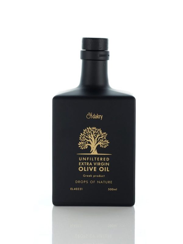 Bottle of unfiltered polyphenolic extra virgin olive oil, 500ml, from Methoni