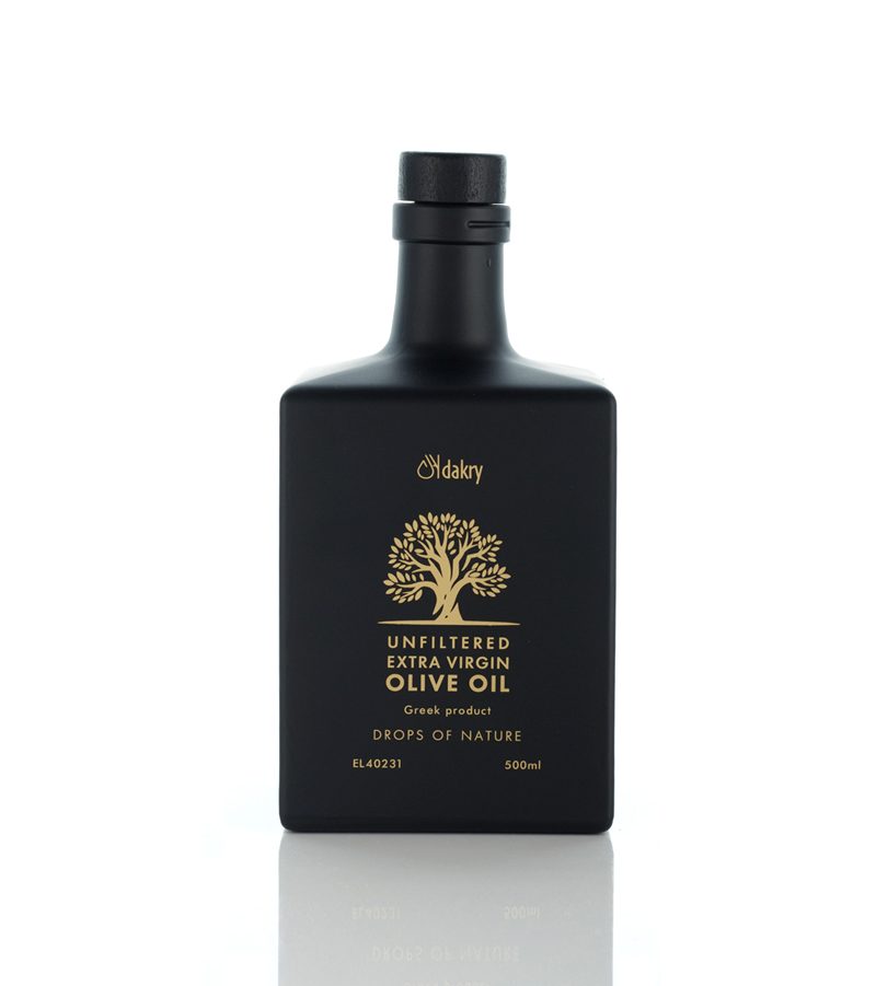 Bottle of unfiltered polyphenolic extra virgin olive oil, 500ml, from Methoni