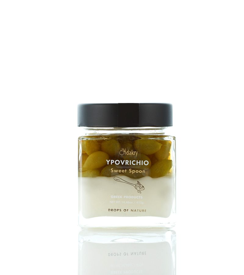 Aegina pistachio spoon sweet served with Chios mastic submarine in a glass jar