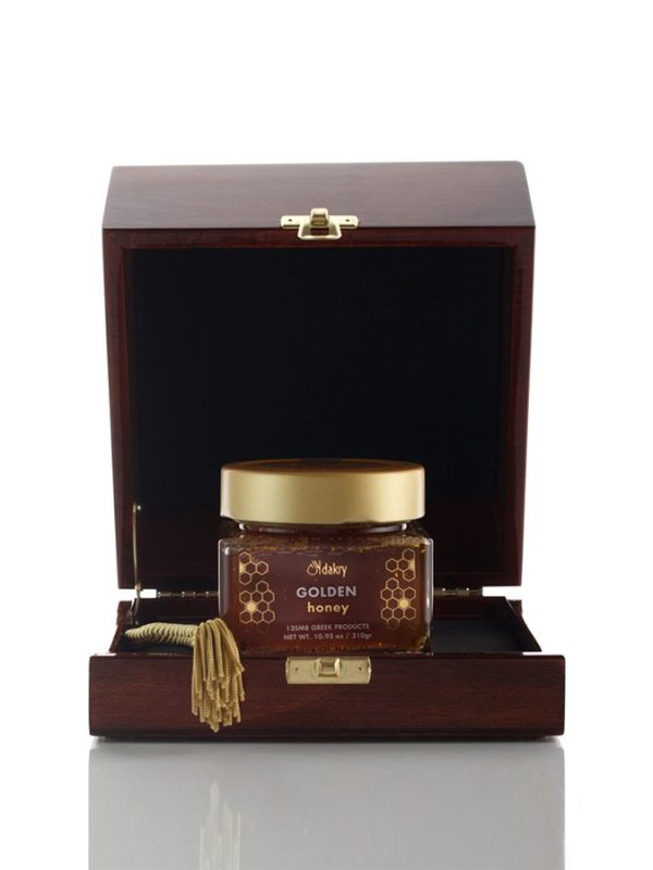Thyme honey with 24K gold flakes in a handmade wooden gift box