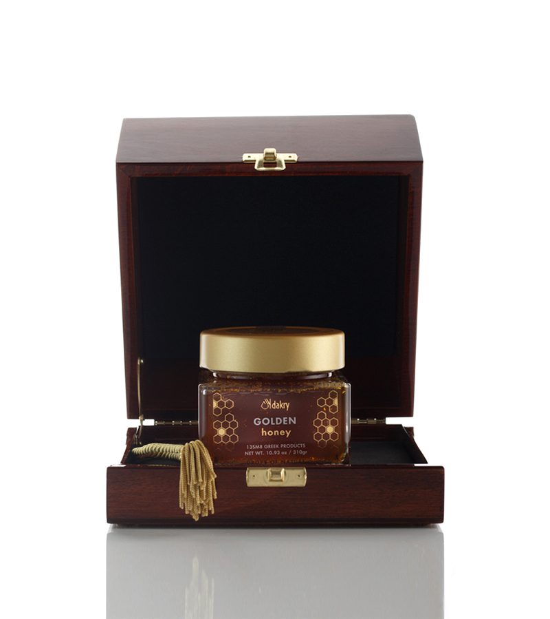 Thyme Honey 24K Gold Gift Box Thyme honey with 24K gold flakes in a handmade wooden gift box