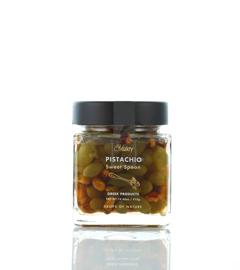 Traditional Aegina pistachio spoon sweet in a glass jar