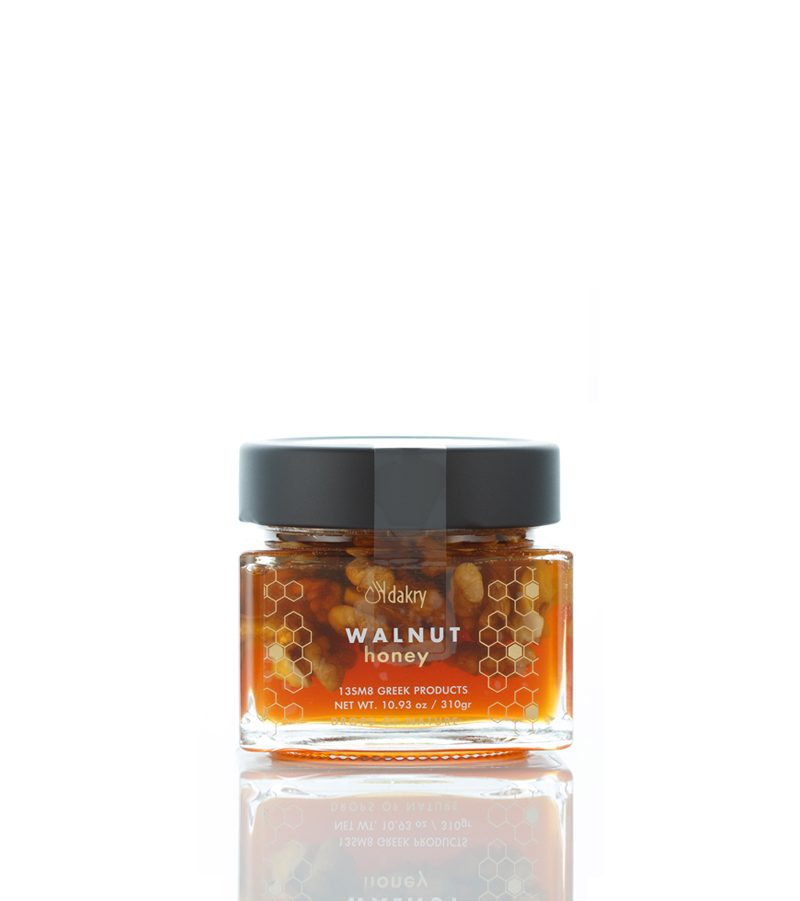 Jar of Greek orange blossom honey with walnuts