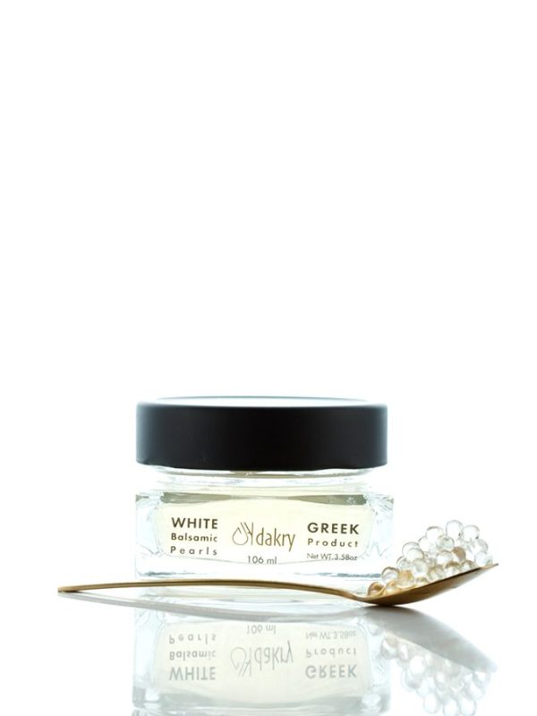 Jar of white balsamic pearls, Greek balsamic caviar