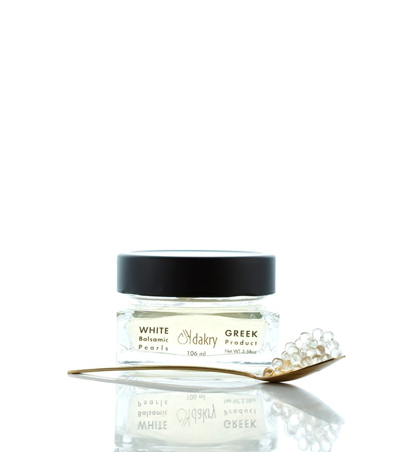 Jar of white balsamic pearls, Greek balsamic caviar