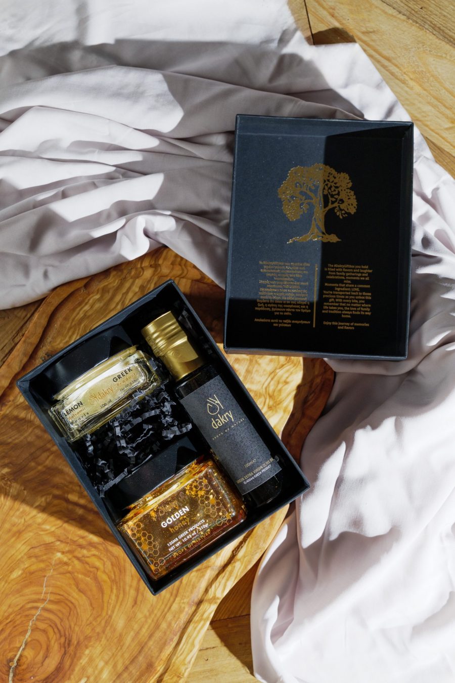 Luxury Greek gift box with olive oil, gold leaf honey and lemon balsamic pearls