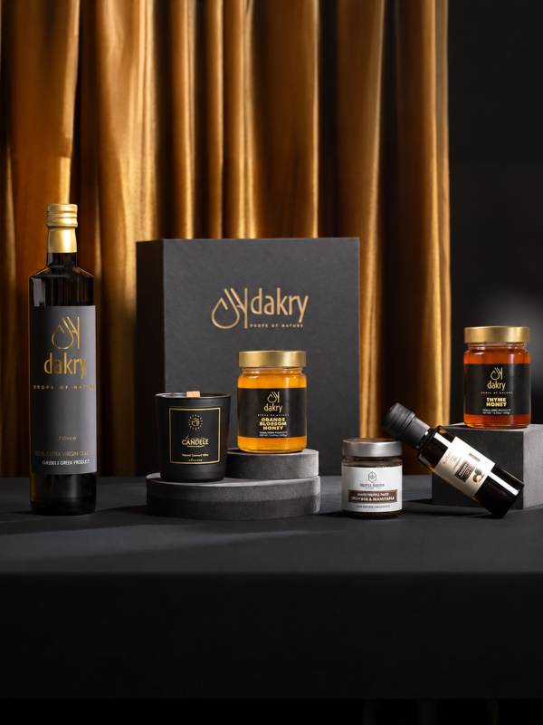 The Classy Choice, a Luxury Greek gift box with whiskey caramel candle, truffle products, Greek honey and olive oil