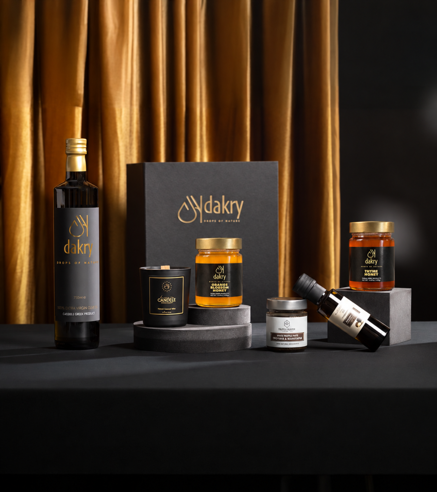 The Classy Choice, a Luxury Greek gift box with whiskey caramel candle, truffle products, Greek honey and olive oil