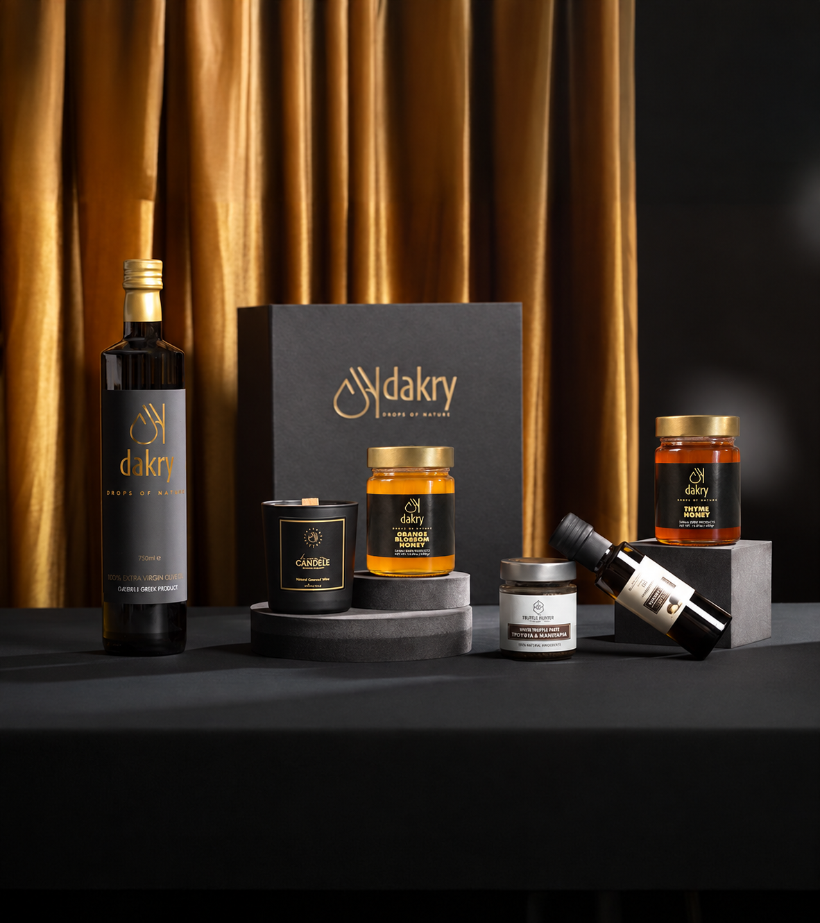 The Classy Choice, a Luxury Greek gift box with whiskey caramel candle, truffle products, Greek honey and olive oil
