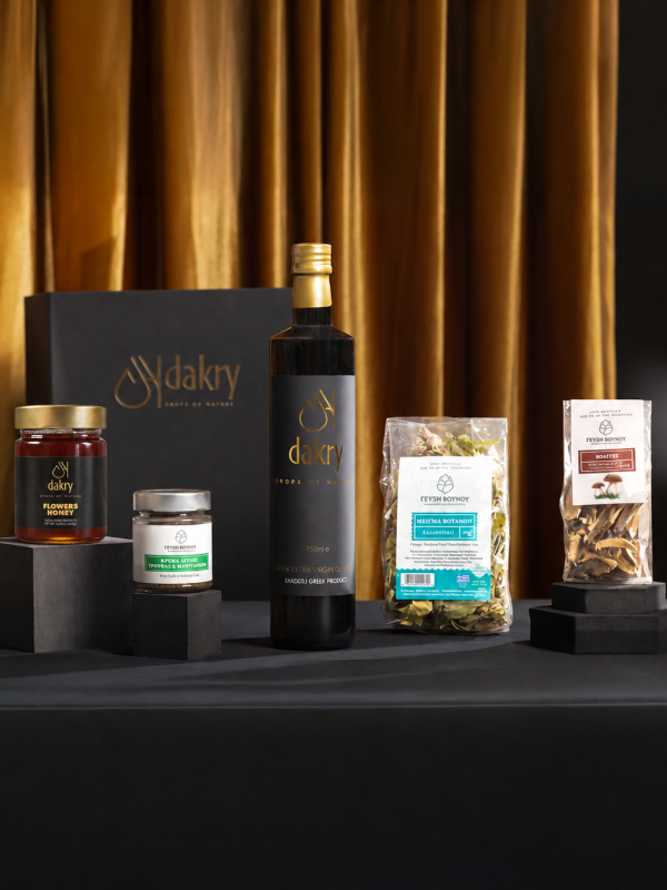 The Unique Choice, a Luxury Greek gift box with porcini mushrooms, mountain tea, truffle pâté, flower honey and olive oil