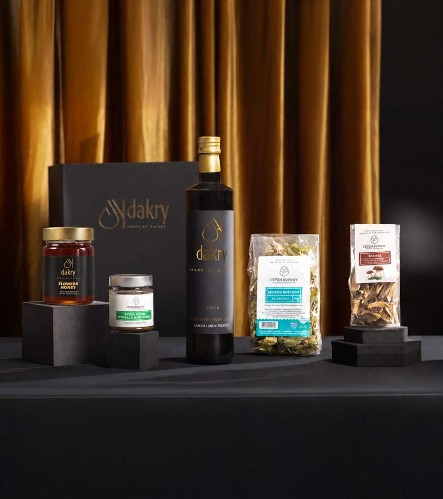 The Unique Choice, a Luxury Greek gift box with porcini mushrooms, mountain tea, truffle pâté, flower honey and olive oil