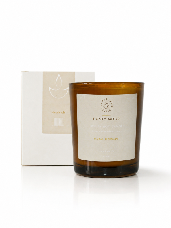 Honey Mediterraneo soy candle by Dakry in reusable amber glass jar