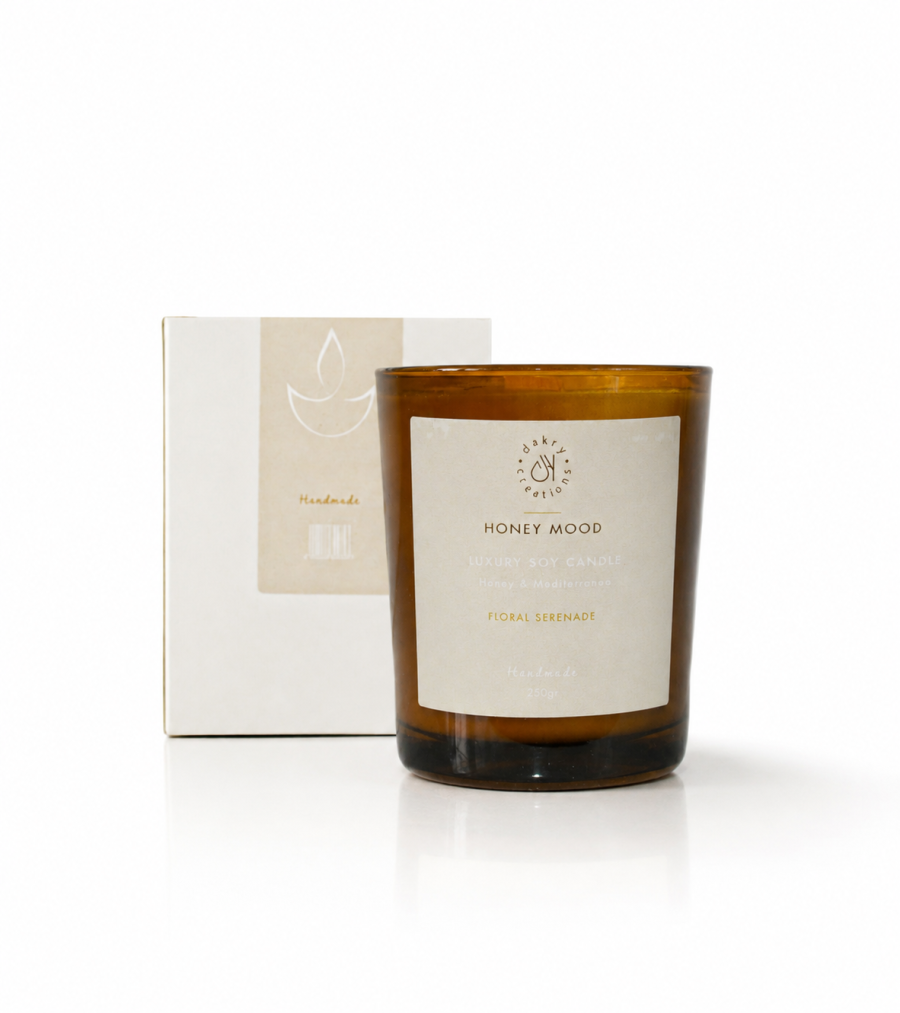 Honey & Mediterraneo Soy Candle 250 g Honey Mediterraneo soy candle by Dakry in reusable amber glass jar