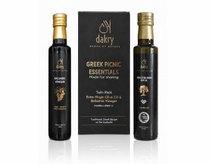 Dakry Olive Greek picnic gift set with extra virgin olive oil and black balsamic vinegar