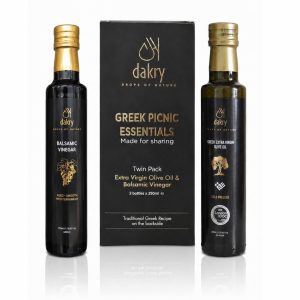 Dakry Olive Greek picnic gift set with extra virgin olive oil and black balsamic vinegar