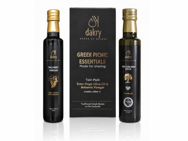 Greek Picnic Essentials Gift Set Dakry Olive Greek picnic gift set with extra virgin olive oil and black balsamic vinegar