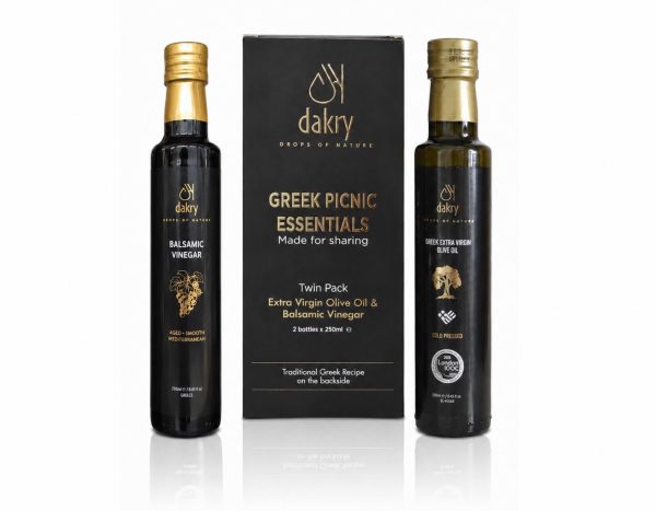 Dakry Olive Greek picnic gift set with extra virgin olive oil and black balsamic vinegar
