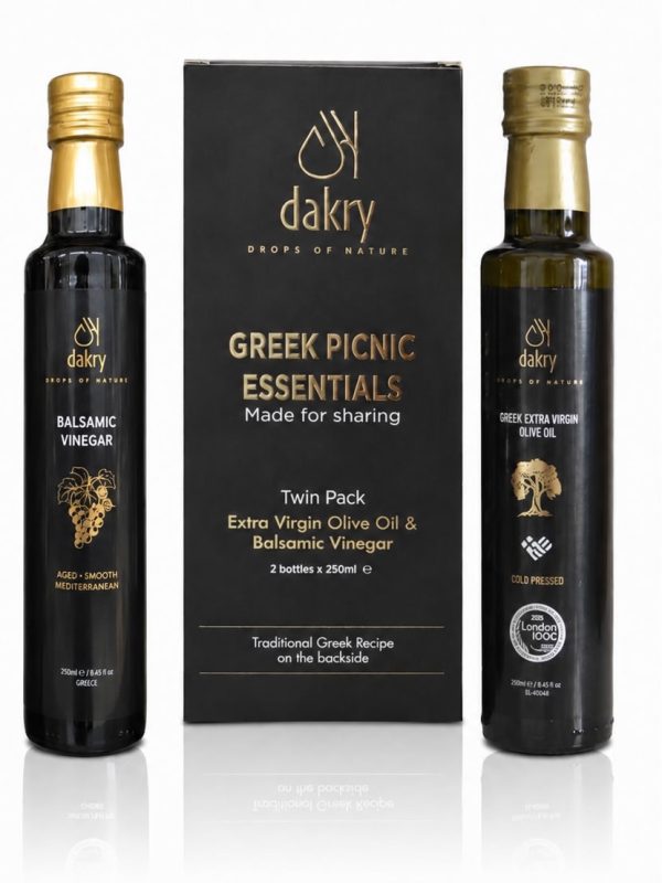 Greek Picnic Essentials Gift Set Dakry Olive Greek picnic gift set with extra virgin olive oil and black balsamic vinegar