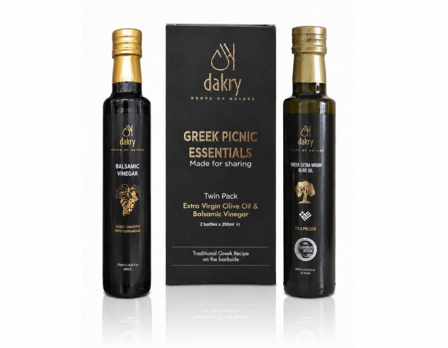 Dakry Olive Greek picnic gift set with extra virgin olive oil and black balsamic vinegar