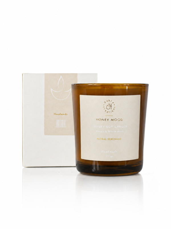 Honey and White Musk soy candle by Dakry in elegant glass jar