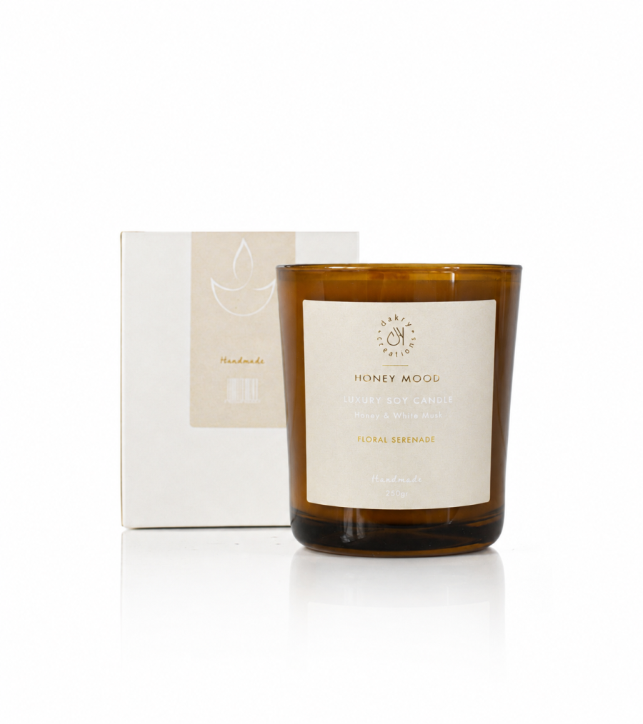 Honey and White Musk soy candle by Dakry in elegant glass jar