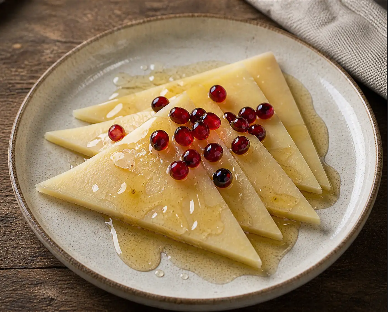 Graviera royale with 24K gold honey and pomegranate balsamic pearls