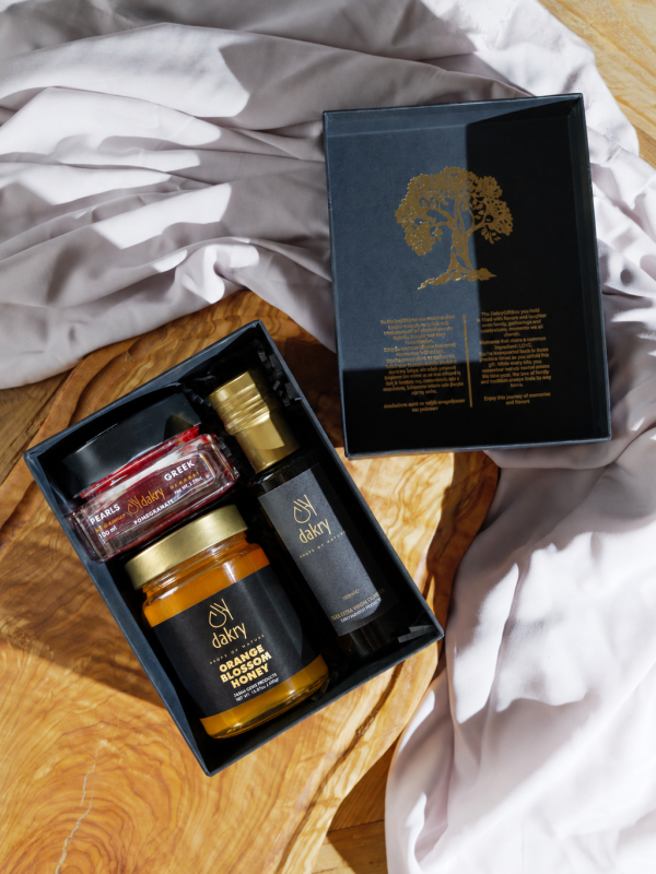 Sunny Tastes gift box with Greek olive oil, orange blossom honey and pomegranate balsamic pearls by Dakry Olive