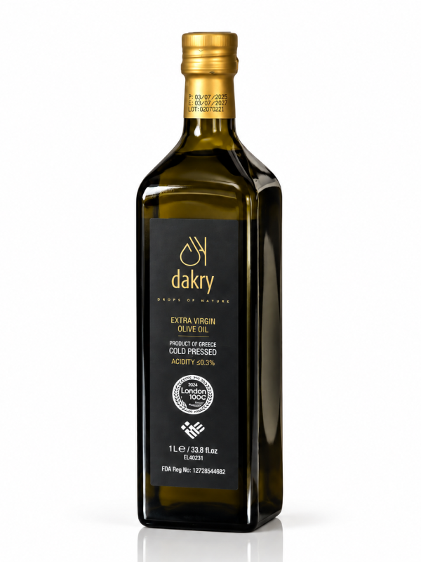 DAKRY Extra Virgin Olive Oil 1L DAKRY extra virgin olive oil 1L in a dark glass bottle with gold cap