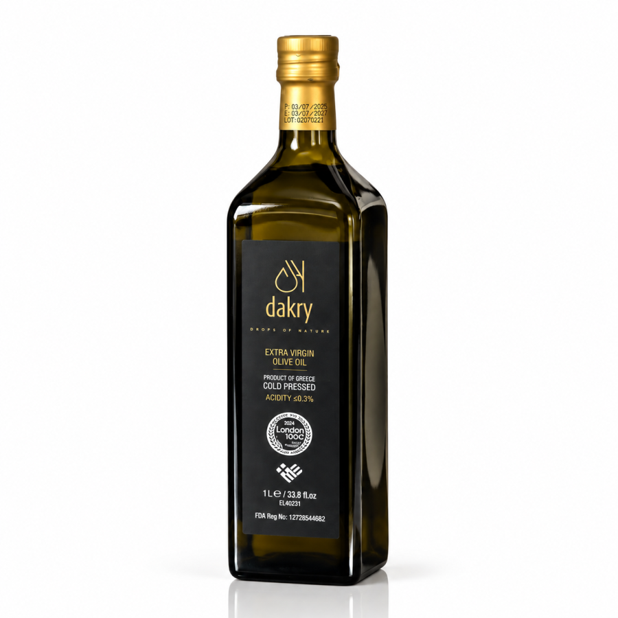 DAKRY extra virgin olive oil 1L in a dark glass bottle with gold cap