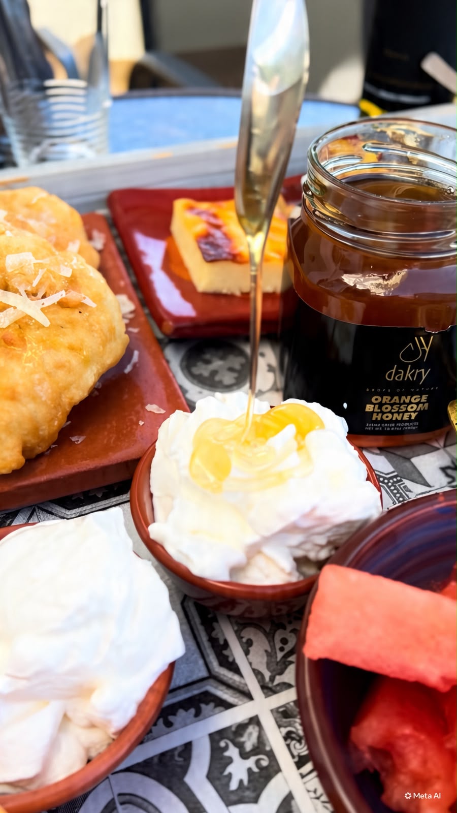 Greek breakfast with yogurt honey bread and Dakry orange blossom honey