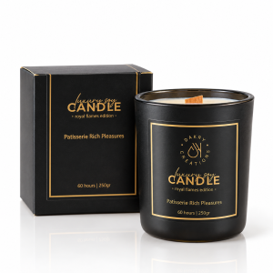 DAKRY Patisserie Soy Candle 250g Rich Pleasures with wooden wick and black and gold box