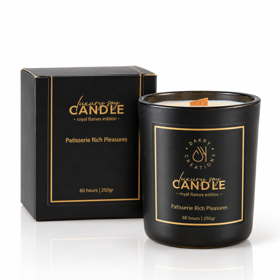 DAKRY Patisserie Soy Candle 250g DAKRY Patisserie Soy Candle 250g Rich Pleasures with wooden wick and black and gold box